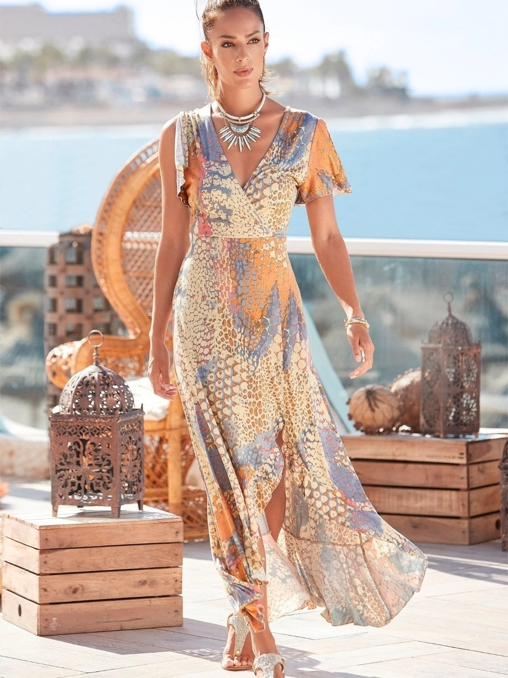Boho Faux Wrap Maxi Dress in Yellow & Blue